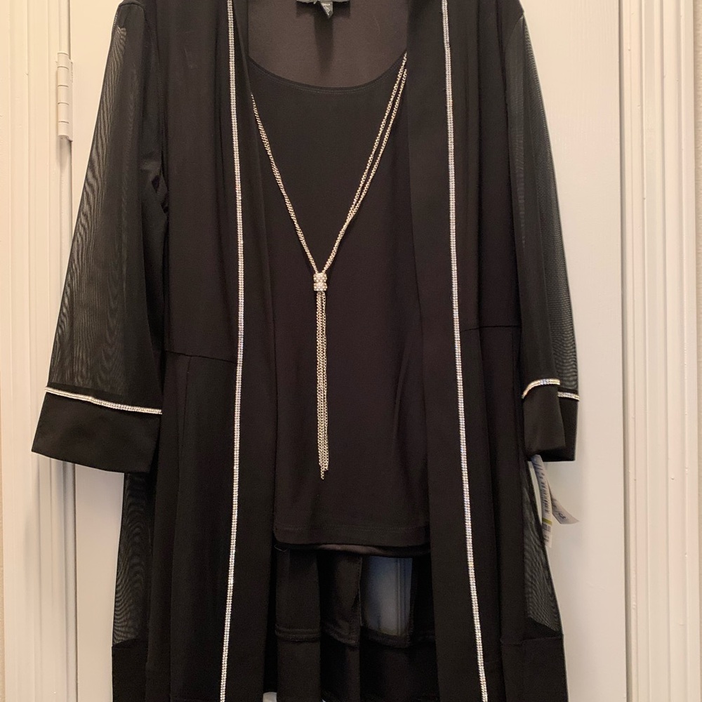 NWT R & M Richards Black Sheer Cardigan and tank w/ Silver Trim. Embellished.